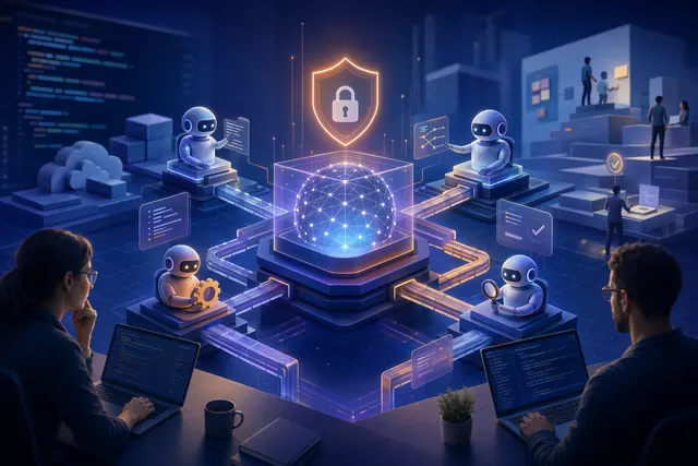 Illustration of governed AI agents coordinating DevSecOps workflows in GitLab