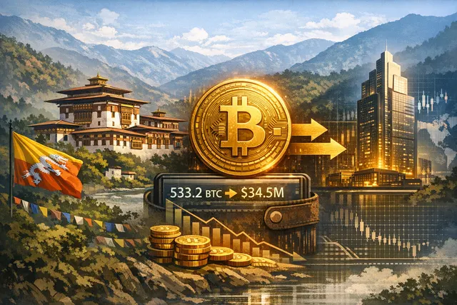 Bitcoin visualized as a glowing coin overlaid on a map of Bhutan, with Himalayan mountains and hydroelectric infrastructure in the background.