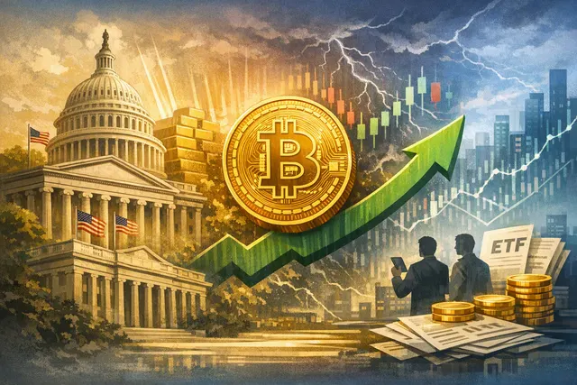 Editorial illustration of Bitcoin rising toward an $81,000–$86,000 resistance zone amid Treasury bond-buyback and ETF-flow themes