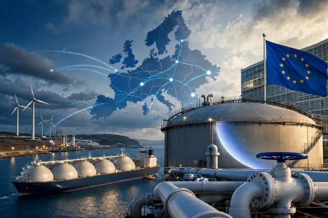 AI-generated editorial illustration about European gas storage and winter energy supply