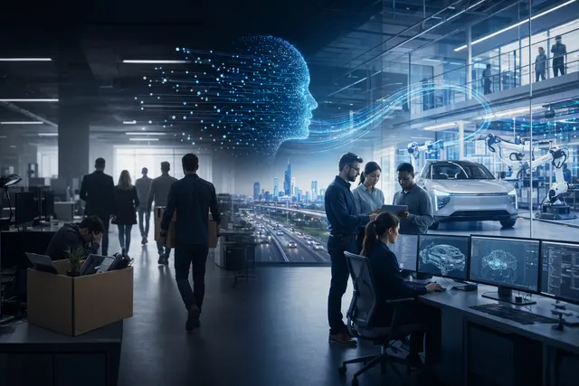 Illustration of AI transforming transportation technology including autonomous vehicles, robotics, and data-driven mobility systems