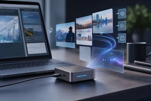 Illustration of Violoop V4, a compact screen-aware AI device designed to operate a desktop computer
