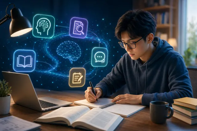 Student desk with a laptop showing AI study tools for notes, research, writing, and exam prep