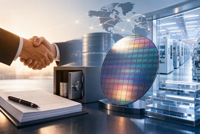 Editorial illustration of semiconductor wafers and optical interconnects for AI data centers