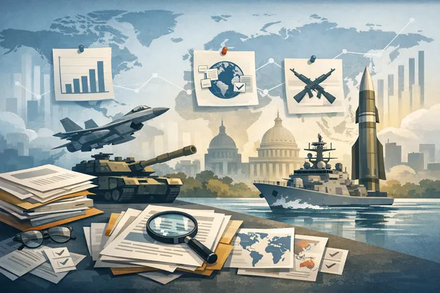 AI-generated illustration depicting global military expenditure, drone swarms, and hypersonic missile technology against a world map background