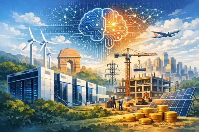A data centre campus concept illustration showing server halls and power infrastructure under an Indian skyline, representing AirTrunk's $30 billion investment in India's AI infras