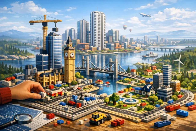 Illustration of a colorful LEGO-style city for an article about LEGO Skylines