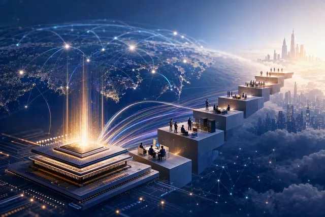 AI-generated editorial illustration accompanying an article about Huawei Ascend and agentic computing