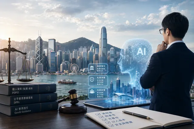 香港城市背景中的 AI 晶片、法律文件與私隱保護意象