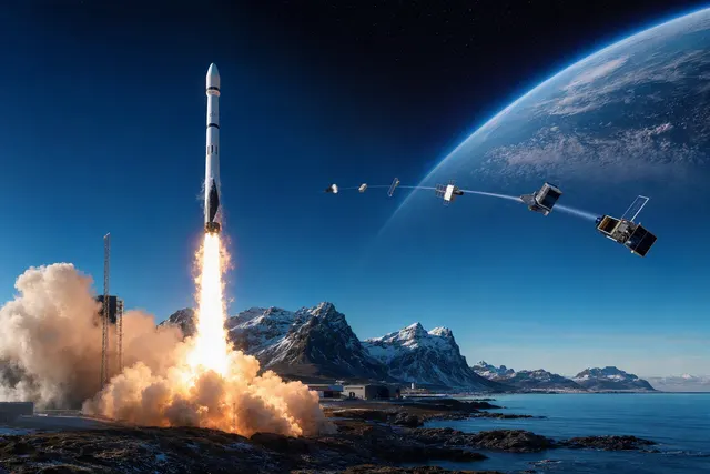 Illustration of a rocket launching into the night sky, representing Isar Aerospace’s Spectrum mission from Andøya Spaceport