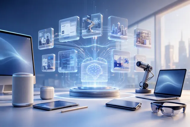 Illustration representing Tencent WorkBuddy’s AI-agent platform across devices and workplace applications