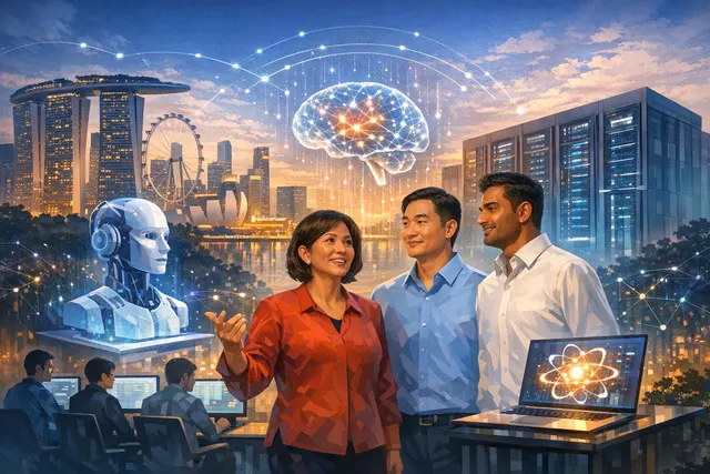 Illustration showing AI-powered tools connecting Singapore SMEs, students, and developers through Alibaba Cloud's tripartite initiative with NTUC and STT GDC, announced at the Qwen