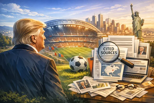 Montage of President Donald Trump and the FIFA World Cup trophy at MetLife Stadium, with the 2026 World Cup final branding and Argentina vs Spain match details.