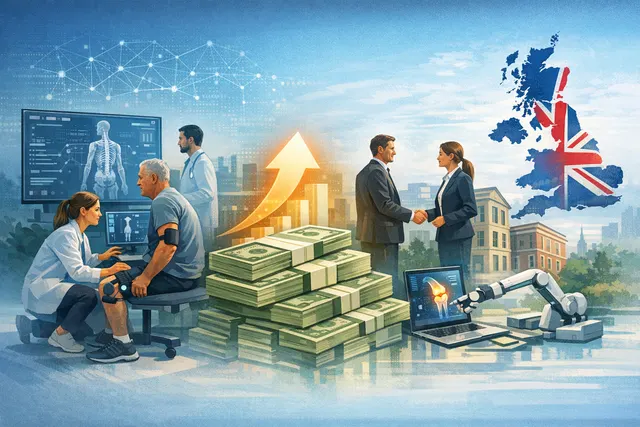 Conceptual graphic representing Flok Health's AI-operated digital physiotherapy clinic interface.