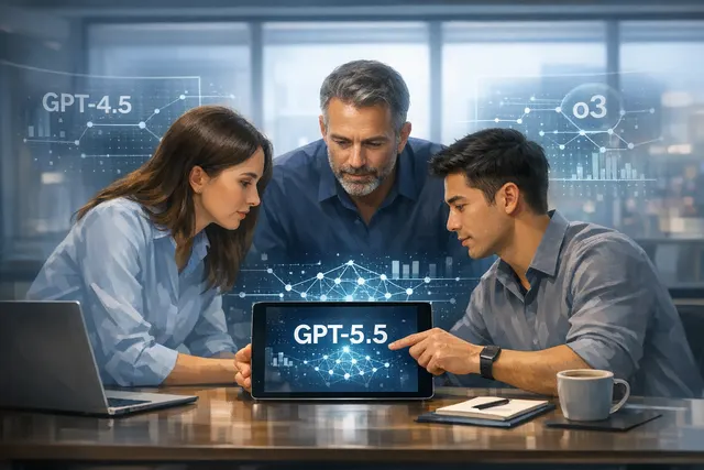 An illustration representing the transition from the GPT-4 model era to the new GPT-5.5 era, depicted as an old server unit closing down while a glowing, futuristic AI core activat