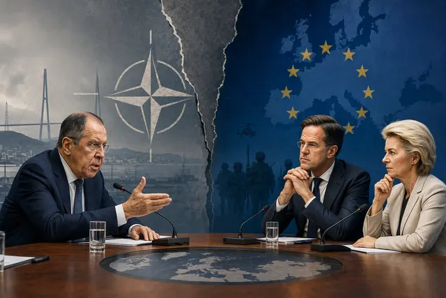 Editorial illustration representing tensions between Russia and NATO over Arctic security and Europe