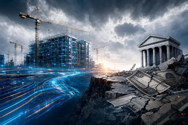 Editorial illustration of a data center representing Meta’s AI infrastructure spending and credit-market scrutiny