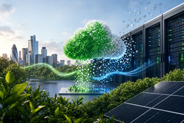 Illustration representing Greenpixie software analyzing energy use and emissions from cloud and AI infrastructure