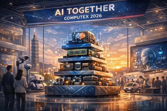 COMPUTEX 2026 exhibition hall showcasing edge AI hardware, industrial robotics, and AI server infrastructure with the theme AI Together in Taipei.