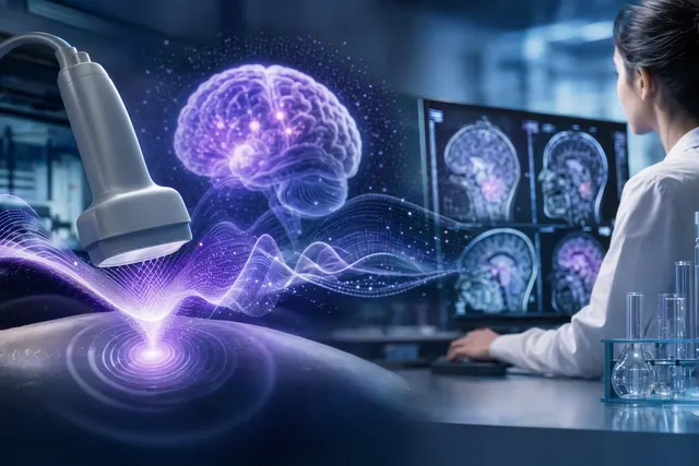 Conceptual illustration of Alzheimer’s innovation combining brain therapy technology and digital cognitive screening