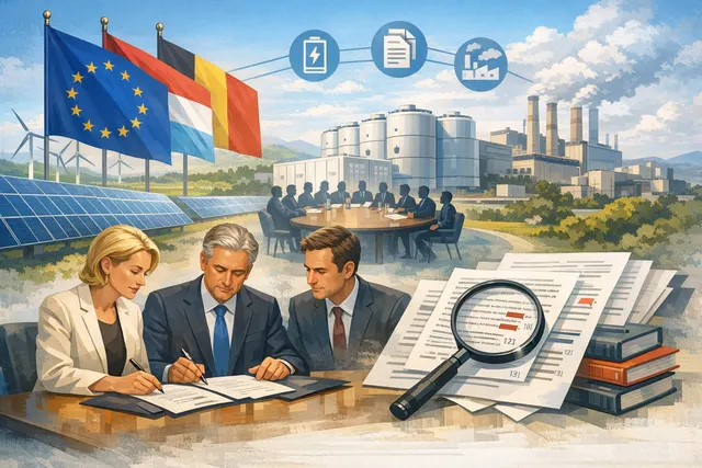 Conceptual illustration of the EU tripartite energy storage agreement with battery storage icons, European flag, and network lines representing the 22 member states, industry, and