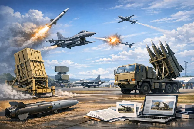 A conceptual illustration of air defense systems and military hardware at an airshow, representing Rafael's combat-proven portfolio at Farnborough 2026.
