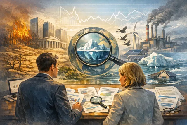 A conceptual illustration of a grey rhino charging through a financial district, surrounded by climate and market data visualizations, representing visible but ignored climate risk