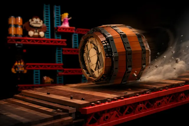 LEGO-style Donkey Kong barrel teaser inspired by the classic arcade game