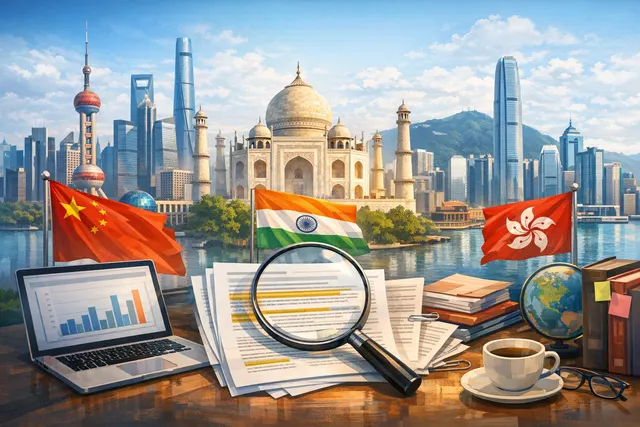 Abstract visualization of diverging stock market bars representing China, India, Hong Kong, Taiwan, and South Korea, with AI chip symbols over Taiwan and South Korea