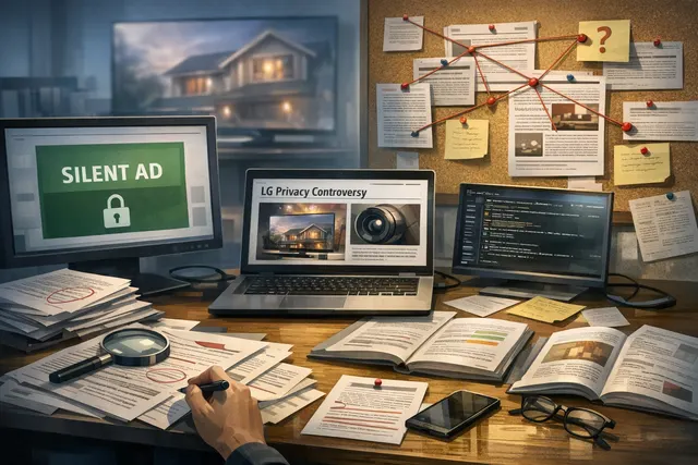 Abstract visual representing LG privacy issues including adware, smart TV data collection, and lawsuits in 2026.