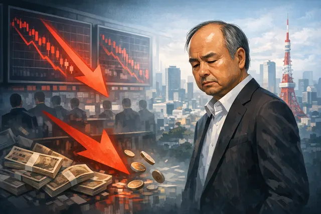 Masayoshi Son of SoftBank against a backdrop of a sharply declining Japanese stock market chart and AI-themed graphics, highlighting the wealth reversal.