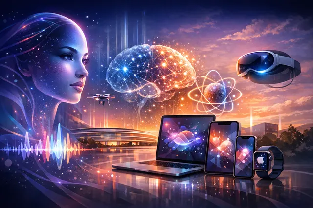 A conceptual illustration of Apple's Siri AI interface at WWDC 2026, featuring a glowing dynamic island and futuristic data streams.