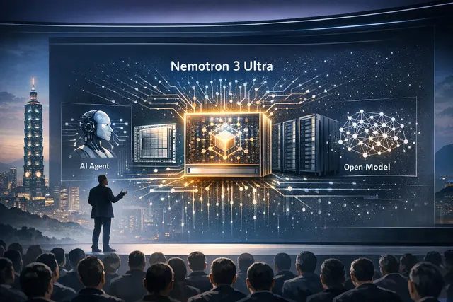 A visual representation of Nvidia's Computex 2026 keynote announcements, featuring abstract AI chips, neural network motifs, and branding elements for Nemotron 3 Ultra, RTX Spark,