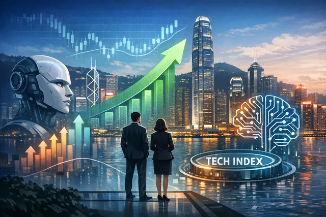 A conceptual visualization showing the divergent stock performance of MiniMax and Zhipu AI on their debut day in the Hang Seng Tech Index, with a red downward arrow for MiniMax and