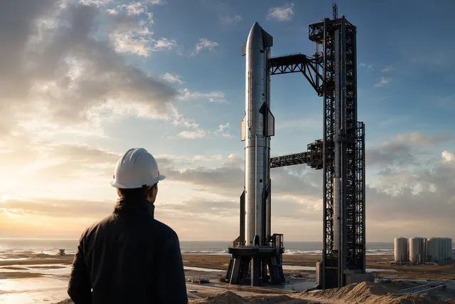 Illustration of SpaceX Starship V3 rocket launching from Starbase orbital launch pad
