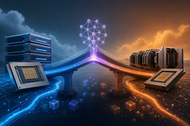 Illustration representing PyTorch workloads running across Google TPU and AWS Trainium hardware
