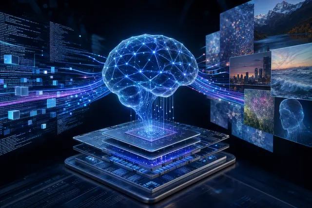Editorial illustration representing DeepSeek V4.1 Flash and native multimodal AI