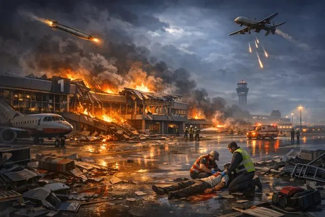 Smoke and fire rising from Kuwait International Airport Terminal 1 after an Iranian drone and missile attack on June 3, 2026
