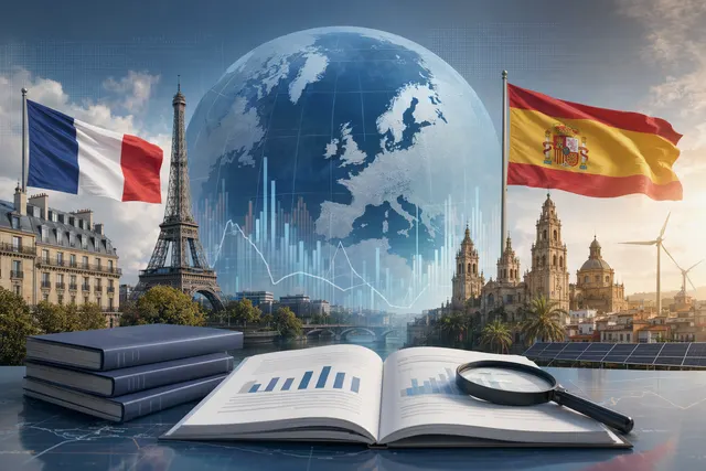 Concept illustration of fiscal policy pressure in Europe representing IMF warnings to France and Spain about deficit reduction