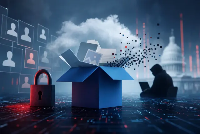 Editorial illustration of a cloud-storage account security incident involving login authentication