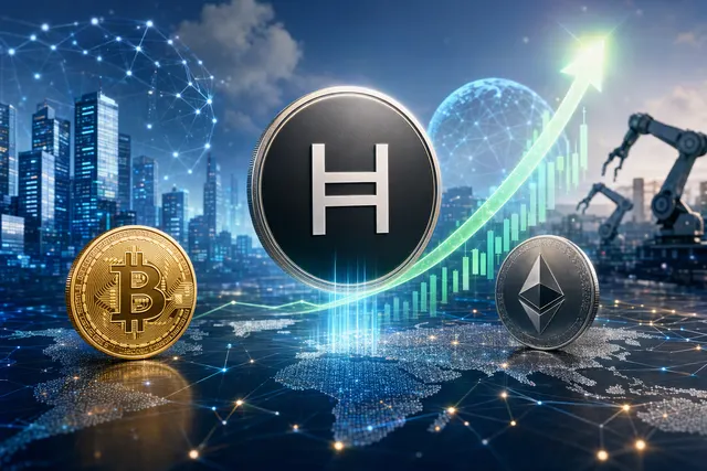 Illustration for HBAR’s rally, showing Hedera, IBM Cloud, AI identity and cryptocurrency market themes
