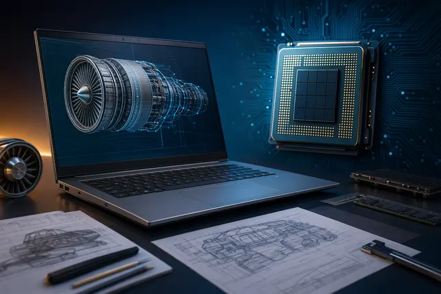 Editorial illustration of a thin professional mobile workstation for engineering and AI workloads