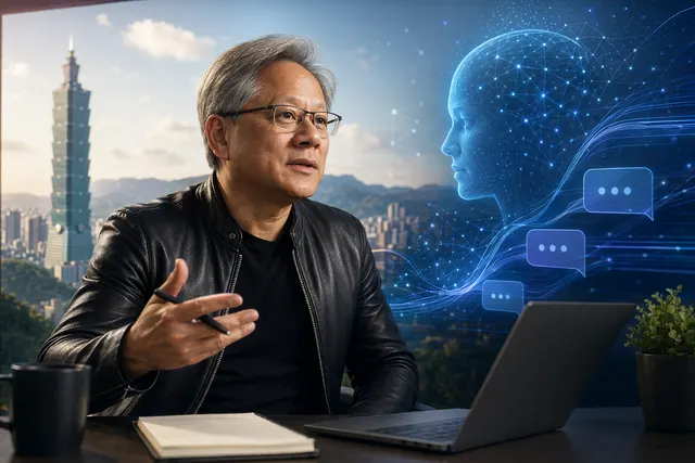 Editorial illustration representing Jensen Huang discussing AI infrastructure, agents, and Nvidia’s role in the AI ecosystem