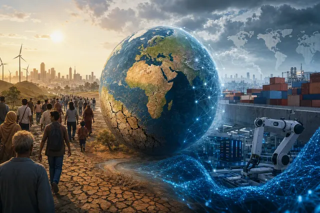 Illustration representing the IMF’s assessment of AI, climate, demographics and fragmentation in the global economy