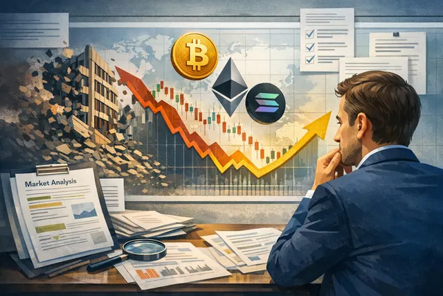 Bitcoin chart with a downward trend line and a question mark overlaid, representing market uncertainty and a potential bottom.