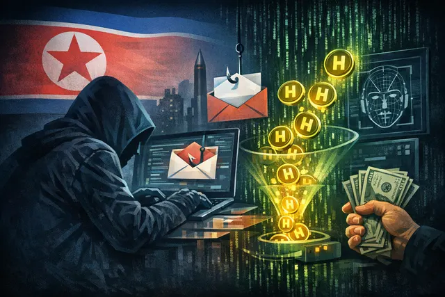 Illustration of the $36 million Humanity Protocol hack showing a phishing email, compromised keys, and a crashing token price with a North Korean flag motif.