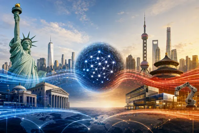 Editorial illustration of U.S.–China cross-border investment in artificial intelligence and technology
