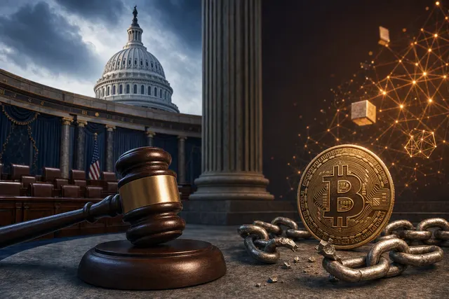 Editorial illustration of the U.S. Senate’s vote on cryptocurrency legislation