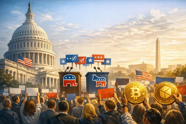 Editorial illustration of Stand With Crypto endorsements influencing the 2026 U.S. midterm elections