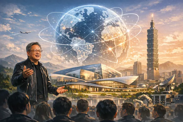 Jensen Huang speaking at the Nvidia Taipei headquarters launch event in front of a futuristic, illuminated building rendering.